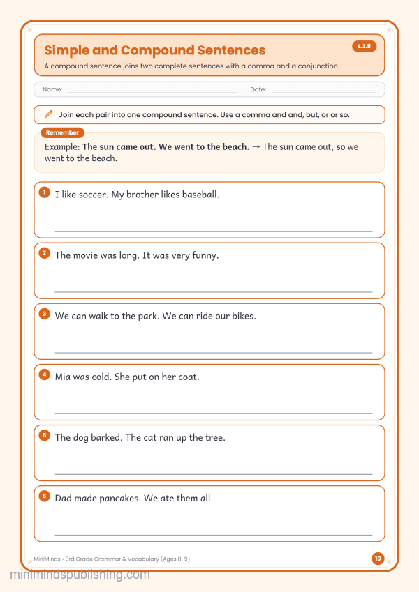 Simple and Compound Sentences — free printable 3rd Grade grammar & vocabulary worksheet for ages 8-9 (Common Core L.3.1i)