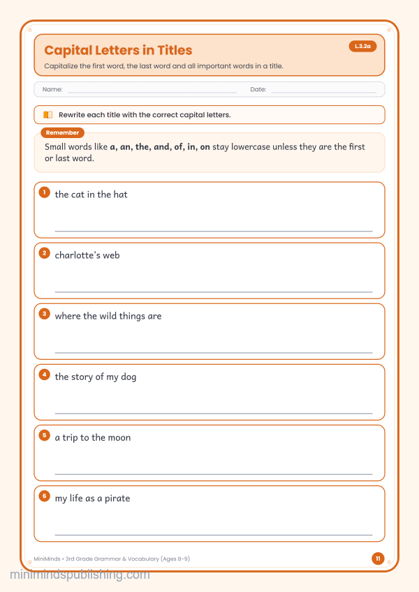 Capital Letters in Titles — free printable 3rd Grade grammar & vocabulary worksheet for ages 8-9 (Common Core L.3.2a)