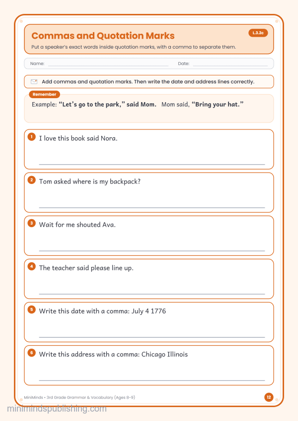 Commas and Quotation Marks — free printable 3rd Grade grammar & vocabulary worksheet for ages 8-9 (Common Core L.3.2c)