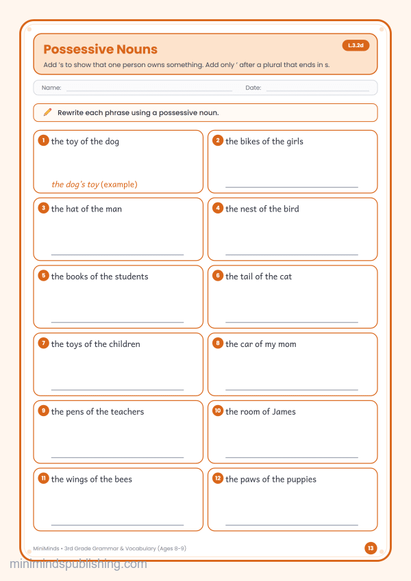 Possessive Nouns — free printable 3rd Grade grammar & vocabulary worksheet for ages 8-9 (Common Core L.3.2d)