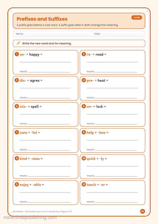 Prefixes and Suffixes — free printable 3rd Grade grammar & vocabulary worksheet for ages 8-9 (Common Core L.3.4b)