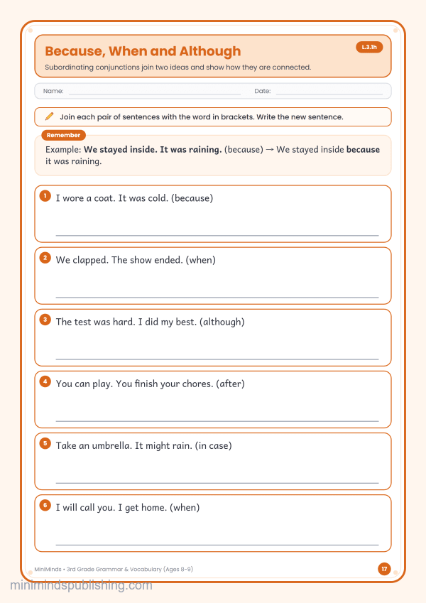 Because, When and Although — free printable 3rd Grade grammar & vocabulary worksheet for ages 8-9 (Common Core L.3.1h)