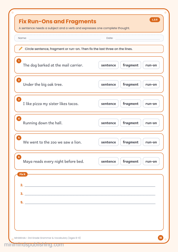Fix Run-Ons and Fragments — free printable 3rd Grade grammar & vocabulary worksheet for ages 8-9 (Common Core L.3.1i)