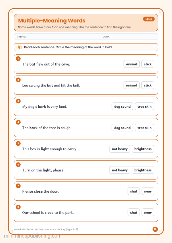 Multiple-Meaning Words — free printable 3rd Grade grammar & vocabulary worksheet for ages 8-9 (Common Core L.3.4a)