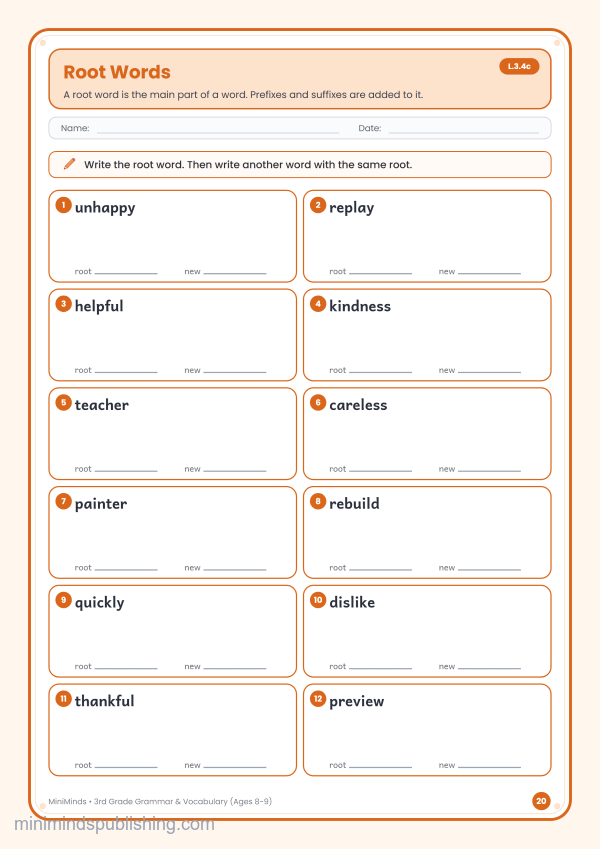 Root Words — free printable 3rd Grade grammar & vocabulary worksheet for ages 8-9 (Common Core L.3.4c)