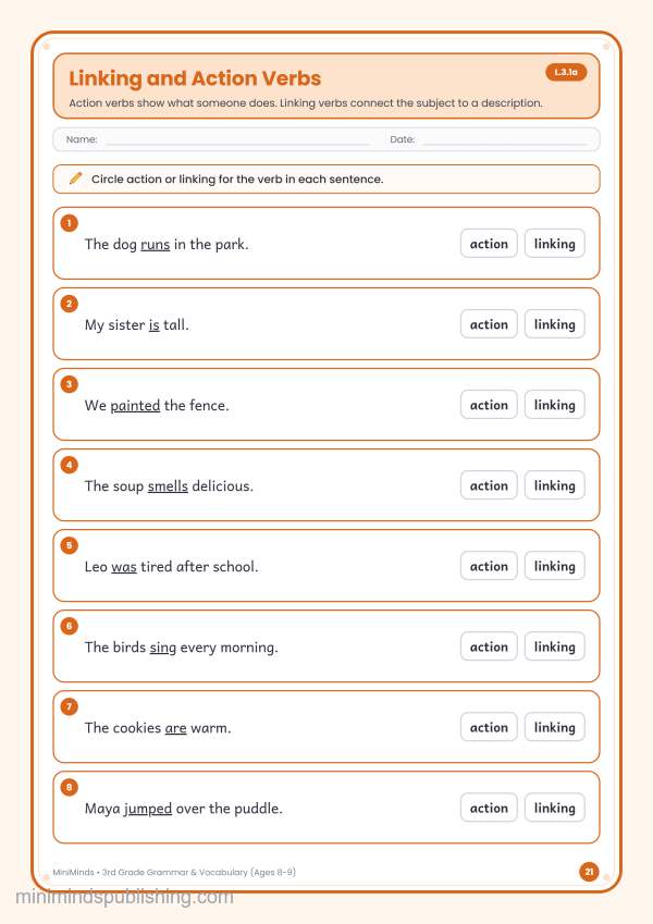 Linking and Action Verbs — free printable 3rd Grade grammar & vocabulary worksheet for ages 8-9 (Common Core L.3.1a)