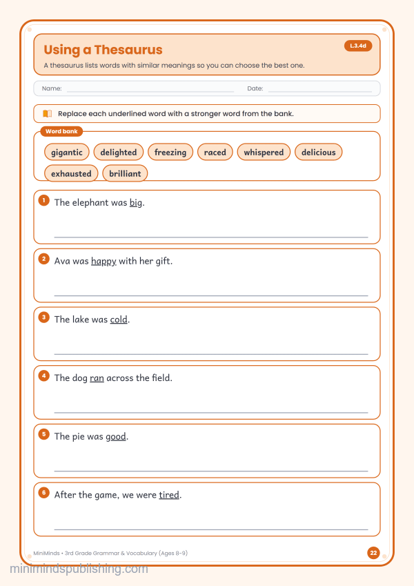 Using a Thesaurus — free printable 3rd Grade grammar & vocabulary worksheet for ages 8-9 (Common Core L.3.4d)