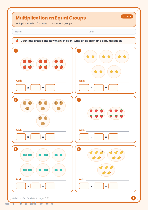 Multiplication as Equal Groups — free printable 3rd Grade math worksheet for ages 8-9 (Common Core 3.OA.A.1)