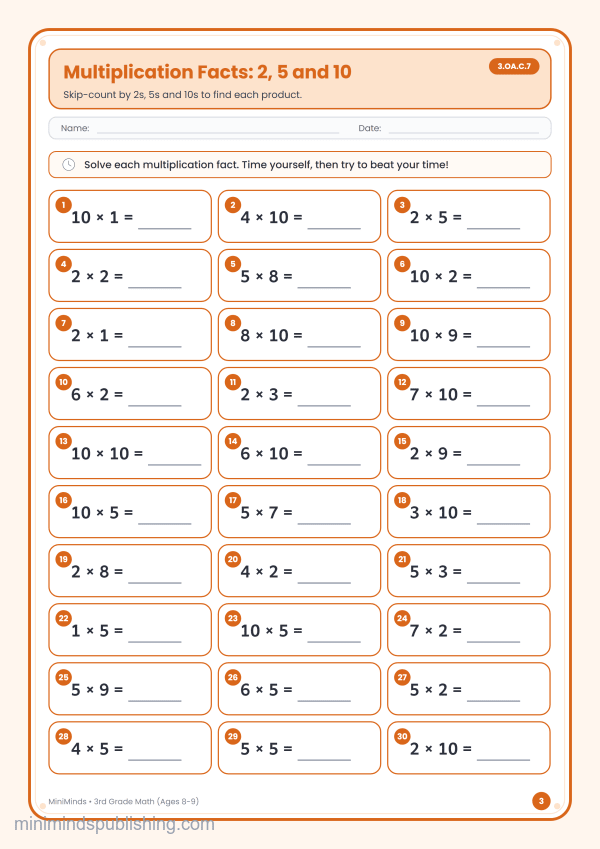 Multiplication Facts: 2, 5 and 10 — free printable 3rd Grade math worksheet for ages 8-9 (Common Core 3.OA.C.7)