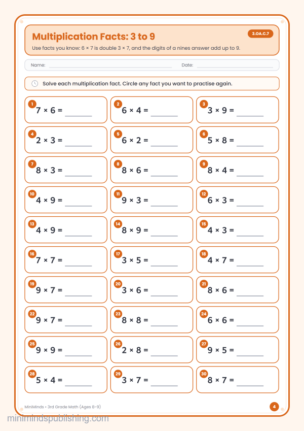 Multiplication Facts: 3 to 9 — free printable 3rd Grade math worksheet for ages 8-9 (Common Core 3.OA.C.7)