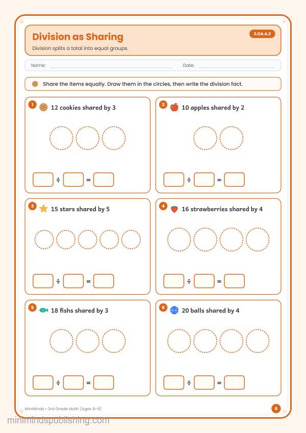 Division as Sharing — free printable 3rd Grade math worksheet for ages 8-9 (Common Core 3.OA.A.2)