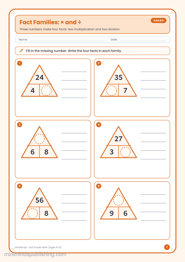 Fact Families: × and ÷ — free printable 3rd Grade math worksheet for ages 8-9 (Common Core 3.OA.B.6)