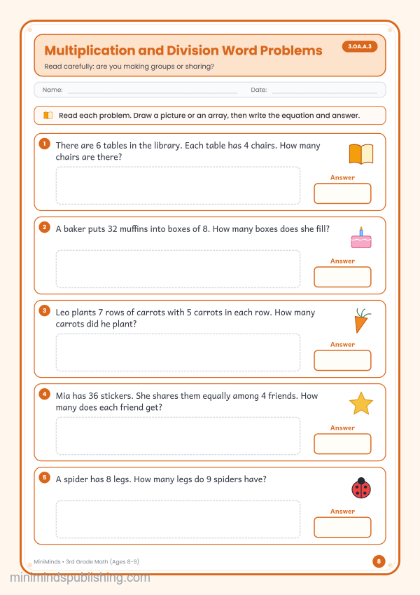 Multiplication and Division Word Problems — free printable 3rd Grade math worksheet for ages 8-9 (Common Core 3.OA.A.3)