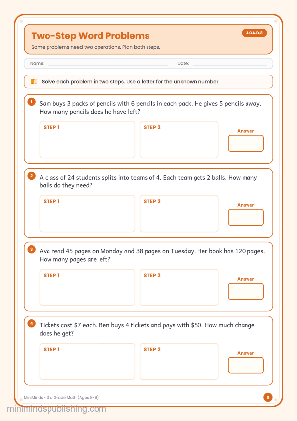 Two-Step Word Problems — free printable 3rd Grade math worksheet for ages 8-9 (Common Core 3.OA.D.8)