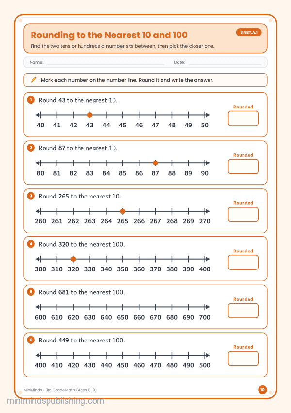 Rounding to the Nearest 10 and 100 — free printable 3rd Grade math worksheet for ages 8-9 (Common Core 3.NBT.A.1)