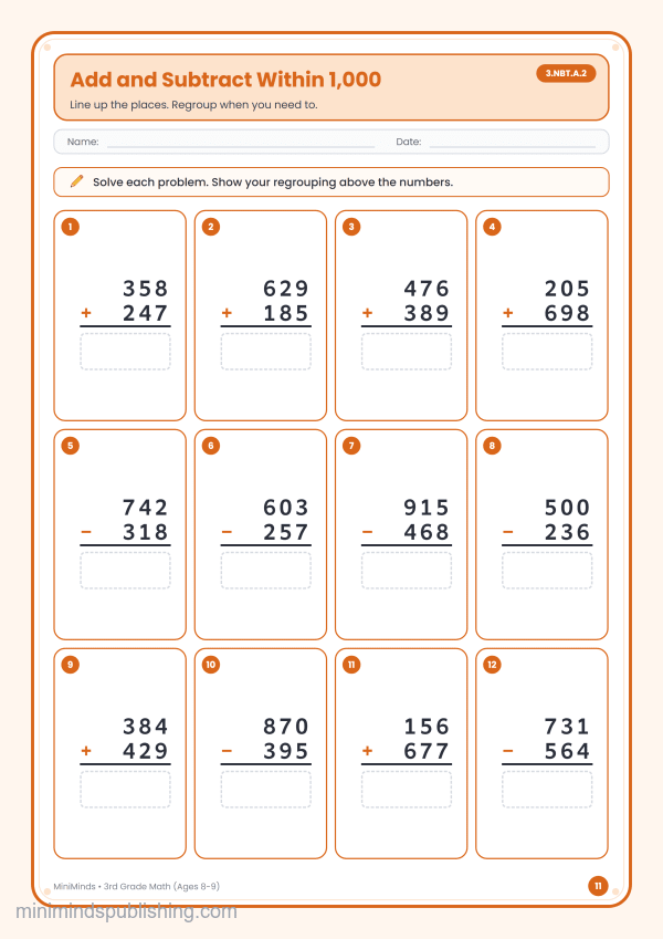 Add and Subtract Within 1,000 — free printable 3rd Grade math worksheet for ages 8-9 (Common Core 3.NBT.A.2)