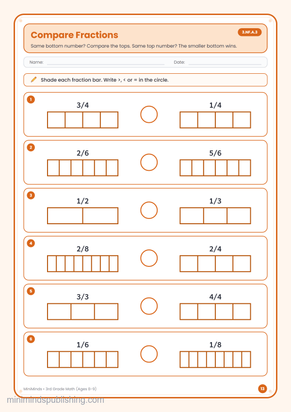 Compare Fractions — free printable 3rd Grade math worksheet for ages 8-9 (Common Core 3.NF.A.3)