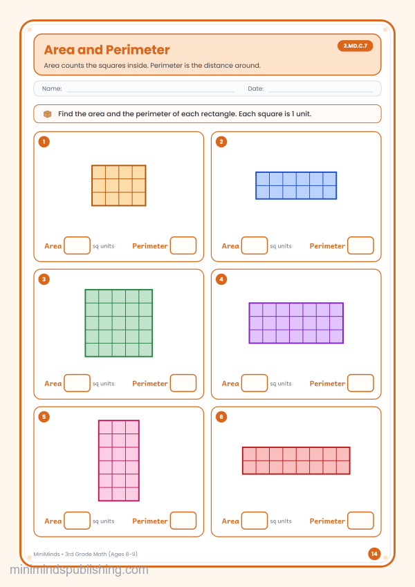 Area and Perimeter — free printable 3rd Grade math worksheet for ages 8-9 (Common Core 3.MD.C.7)