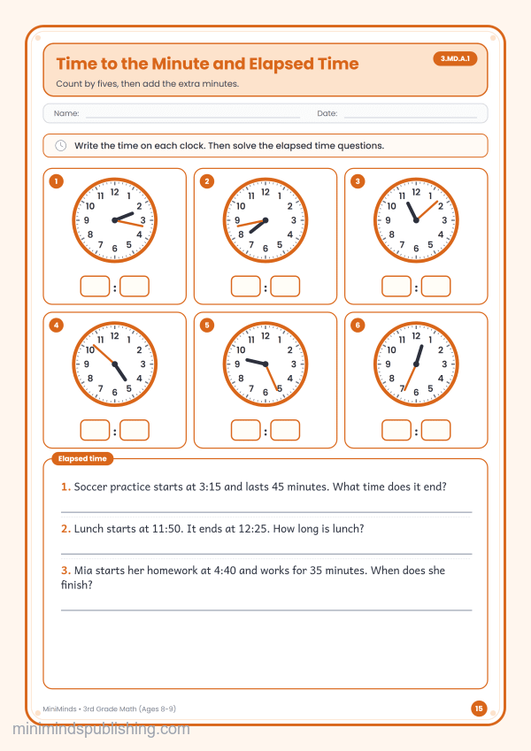 Time to the Minute and Elapsed Time — free printable 3rd Grade math worksheet for ages 8-9 (Common Core 3.MD.A.1)