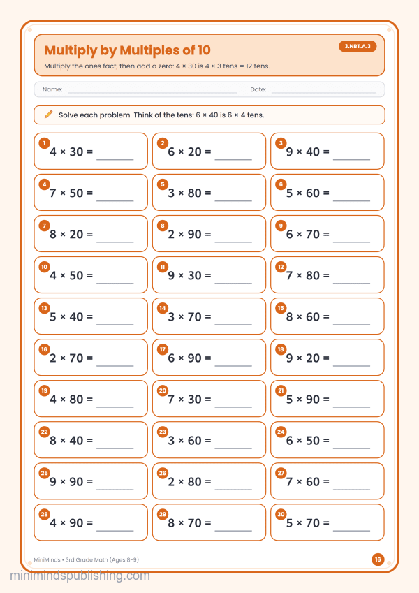 Multiply by Multiples of 10 — free printable 3rd Grade math worksheet for ages 8-9 (Common Core 3.NBT.A.3)