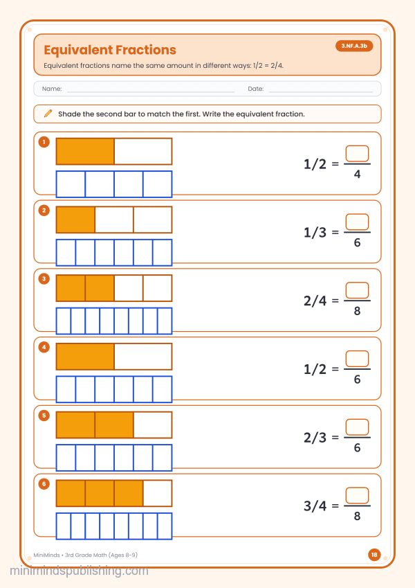 Equivalent Fractions — free printable 3rd Grade math worksheet for ages 8-9 (Common Core 3.NF.A.3b)