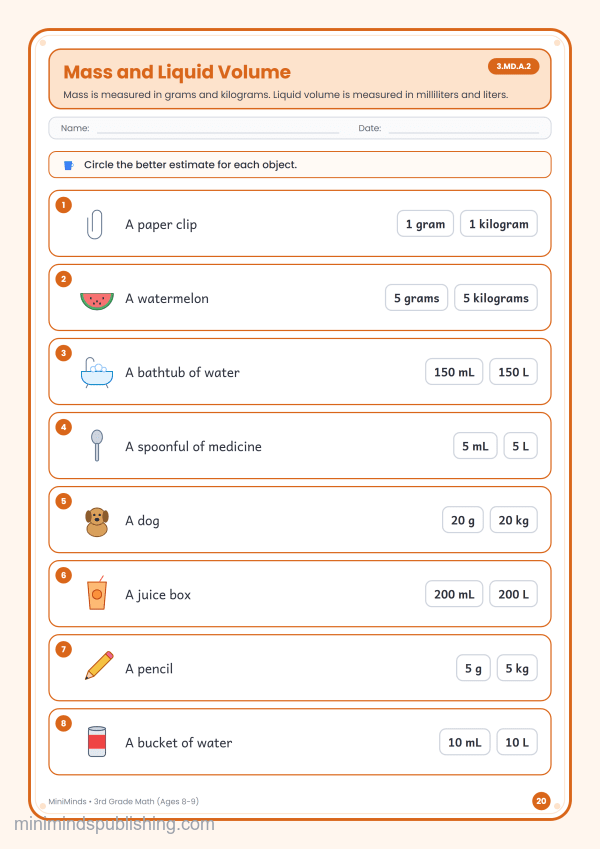 Mass and Liquid Volume — free printable 3rd Grade math worksheet for ages 8-9 (Common Core 3.MD.A.2)