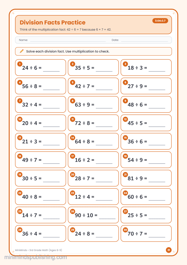 Division Facts Practice — free printable 3rd Grade math worksheet for ages 8-9 (Common Core 3.OA.C.7)