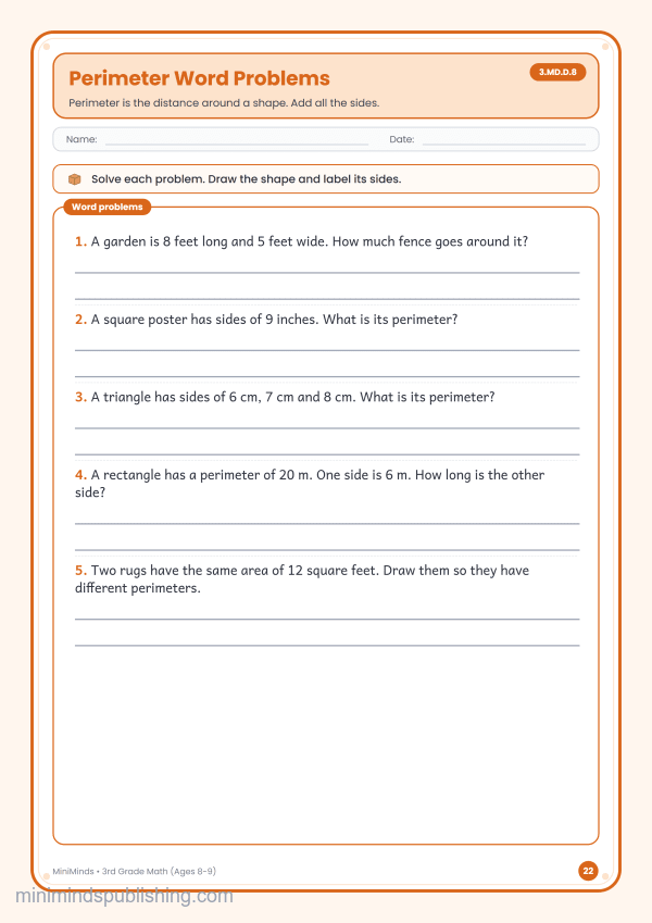 Perimeter Word Problems — free printable 3rd Grade math worksheet for ages 8-9 (Common Core 3.MD.D.8)
