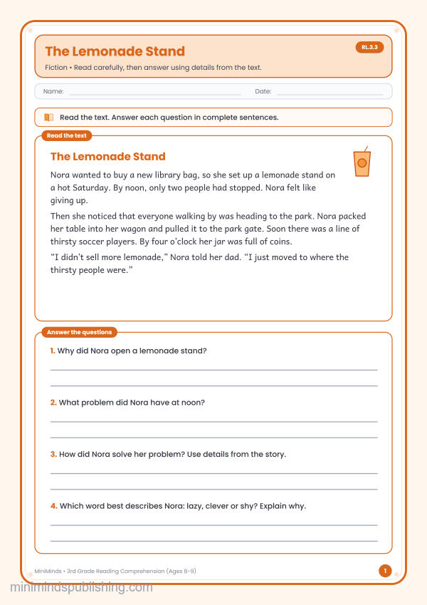 The Lemonade Stand — free printable 3rd Grade reading comprehension worksheet for ages 8-9 (Common Core RL.3.3)