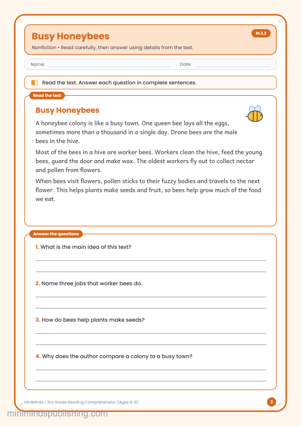 Busy Honeybees — free printable 3rd Grade reading comprehension worksheet for ages 8-9 (Common Core RI.3.2)