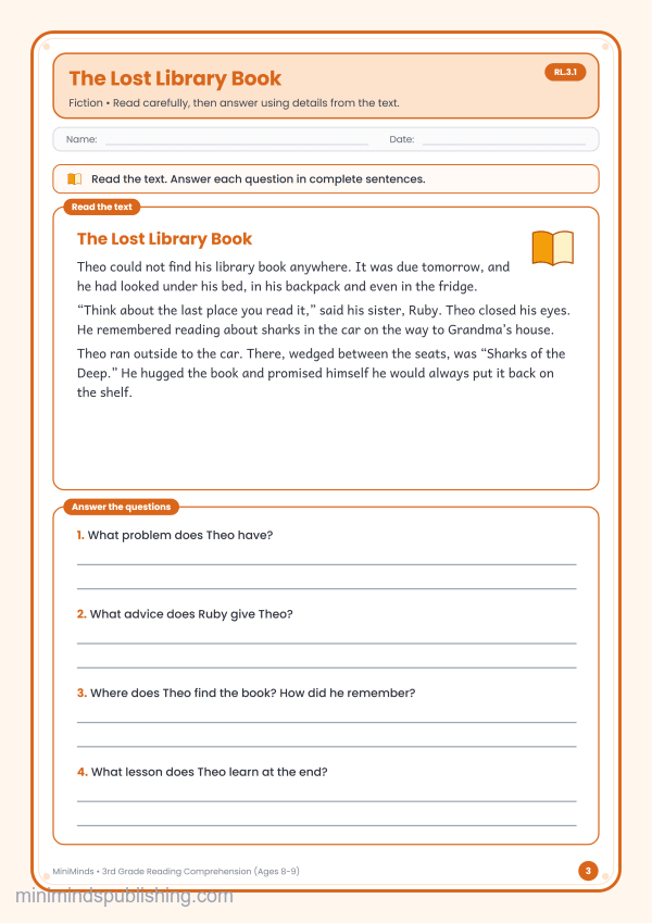 The Lost Library Book — free printable 3rd Grade reading comprehension worksheet for ages 8-9 (Common Core RL.3.1)