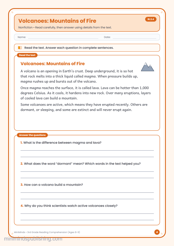 Volcanoes: Mountains of Fire — free printable 3rd Grade reading comprehension worksheet for ages 8-9 (Common Core RI.3.4)