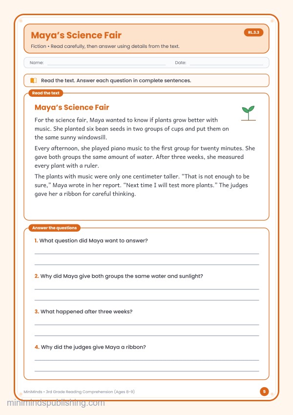 Maya’s Science Fair — free printable 3rd Grade reading comprehension worksheet for ages 8-9 (Common Core RL.3.3)
