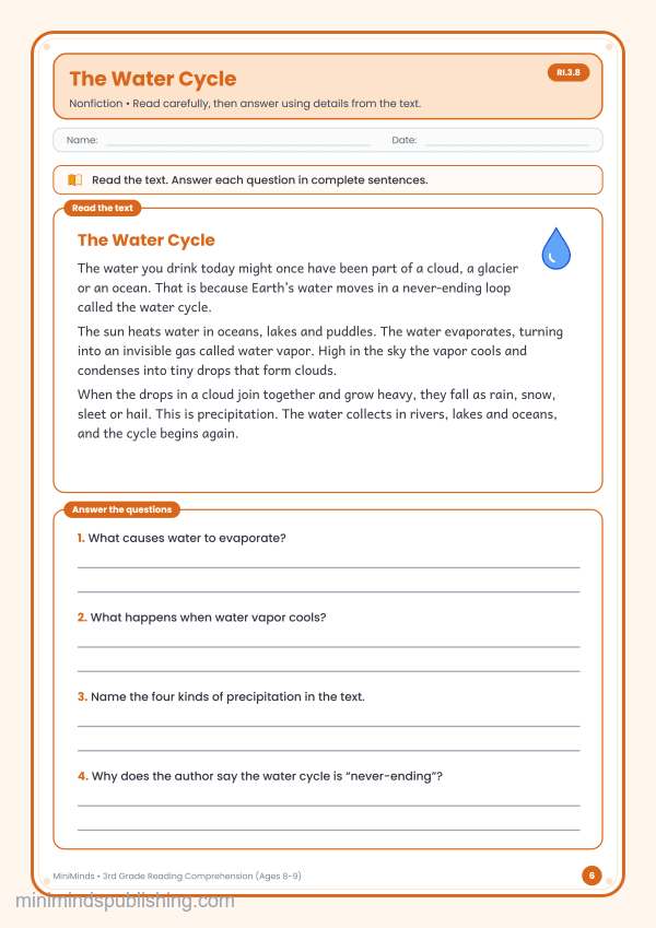 The Water Cycle — free printable 3rd Grade reading comprehension worksheet for ages 8-9 (Common Core RI.3.8)