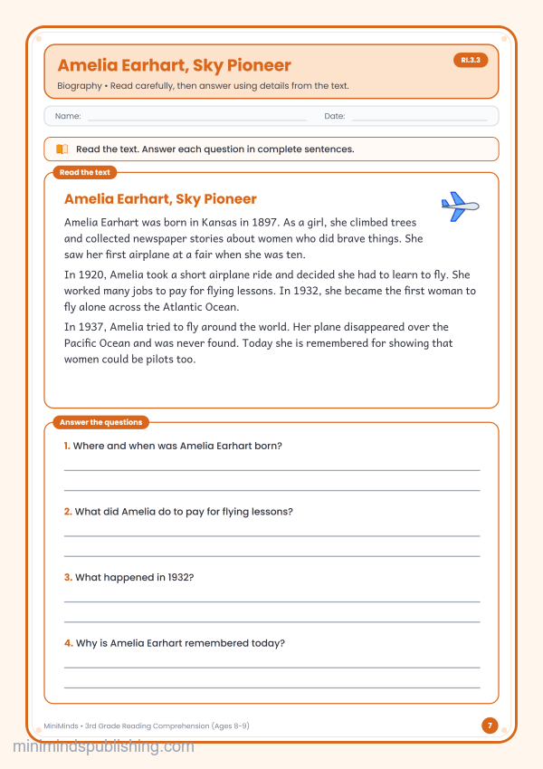 Amelia Earhart, Sky Pioneer — free printable 3rd Grade reading comprehension worksheet for ages 8-9 (Common Core RI.3.3)
