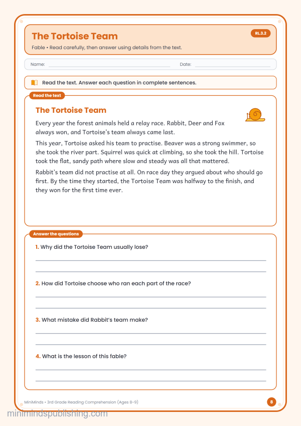 The Tortoise Team — free printable 3rd Grade reading comprehension worksheet for ages 8-9 (Common Core RL.3.2)