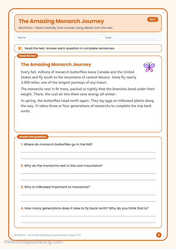 The Amazing Monarch Journey — free printable 3rd Grade reading comprehension worksheet for ages 8-9 (Common Core RI.3.7)