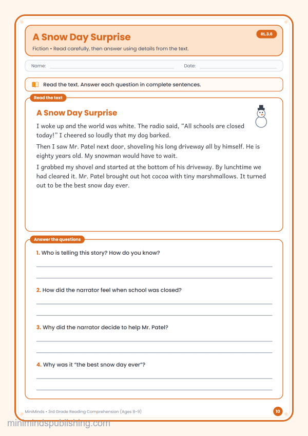 A Snow Day Surprise — free printable 3rd Grade reading comprehension worksheet for ages 8-9 (Common Core RL.3.6)