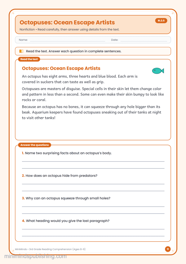 Octopuses: Ocean Escape Artists — free printable 3rd Grade reading comprehension worksheet for ages 8-9 (Common Core RI.3.5)