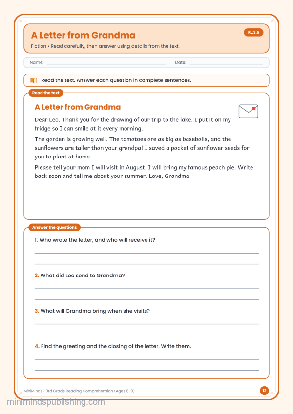 A Letter from Grandma — free printable 3rd Grade reading comprehension worksheet for ages 8-9 (Common Core RL.3.5)