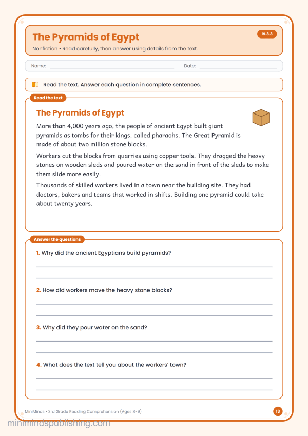 The Pyramids of Egypt — free printable 3rd Grade reading comprehension worksheet for ages 8-9 (Common Core RI.3.3)
