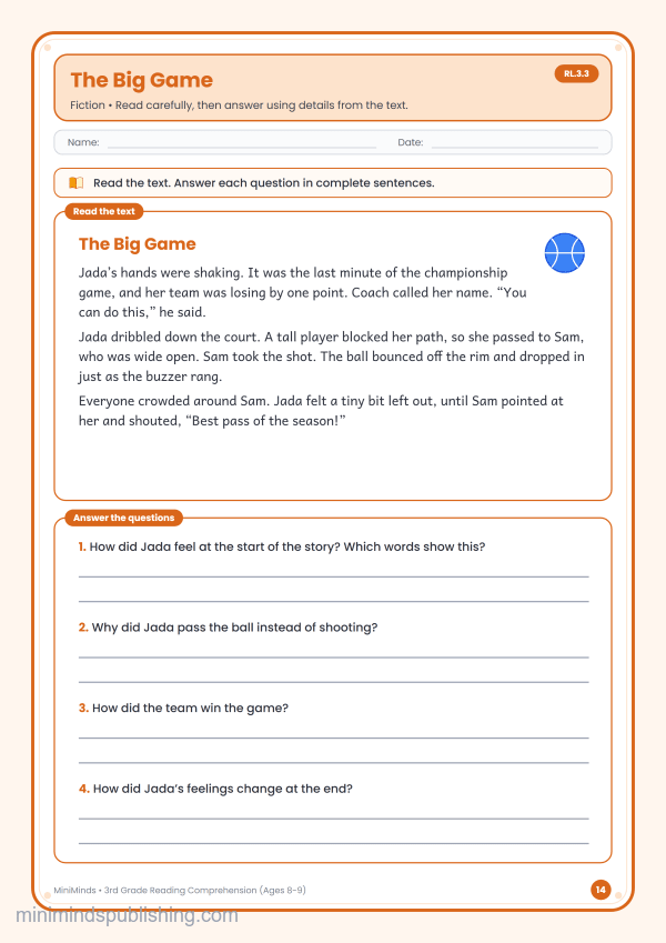 The Big Game — free printable 3rd Grade reading comprehension worksheet for ages 8-9 (Common Core RL.3.3)