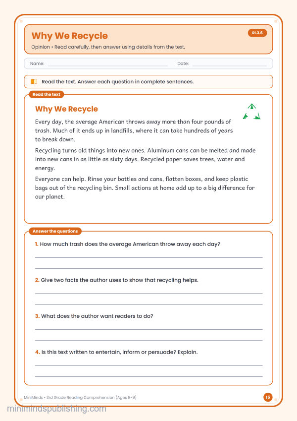 Why We Recycle — free printable 3rd Grade reading comprehension worksheet for ages 8-9 (Common Core RI.3.6)
