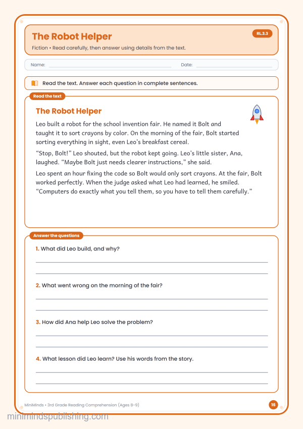 The Robot Helper — free printable 3rd Grade reading comprehension worksheet for ages 8-9 (Common Core RL.3.3)