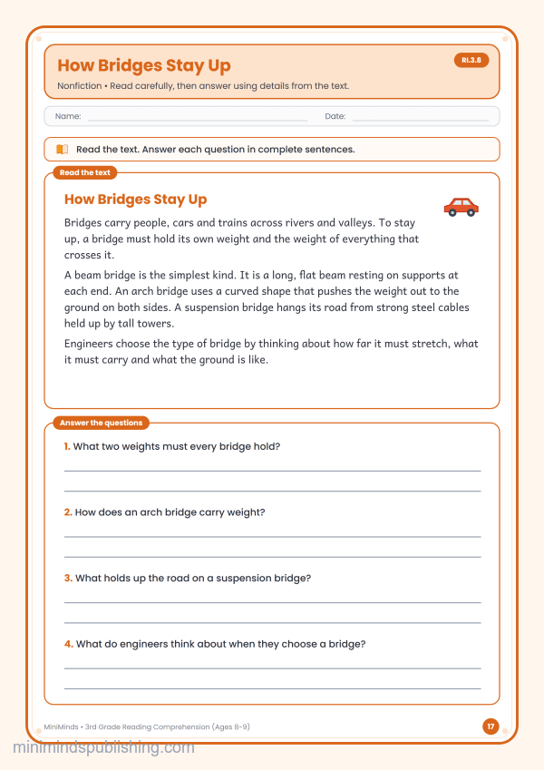 How Bridges Stay Up — free printable 3rd Grade reading comprehension worksheet for ages 8-9 (Common Core RI.3.8)