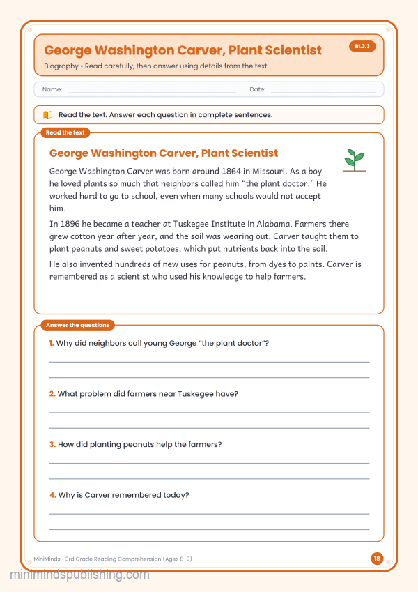 George Washington Carver, Plant Scientist — free printable 3rd Grade reading comprehension worksheet for ages 8-9 (Common Core RI.3.3)
