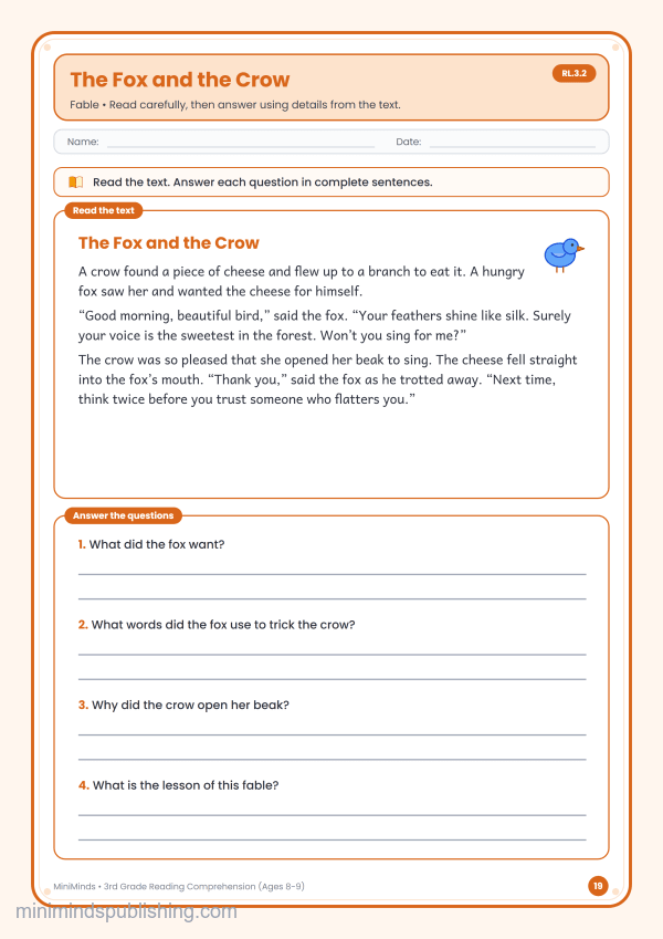 The Fox and the Crow — free printable 3rd Grade reading comprehension worksheet for ages 8-9 (Common Core RL.3.2)