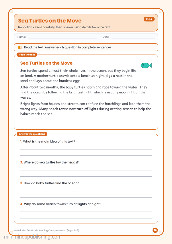 Sea Turtles on the Move — free printable 3rd Grade reading comprehension worksheet for ages 8-9 (Common Core RI.3.2)