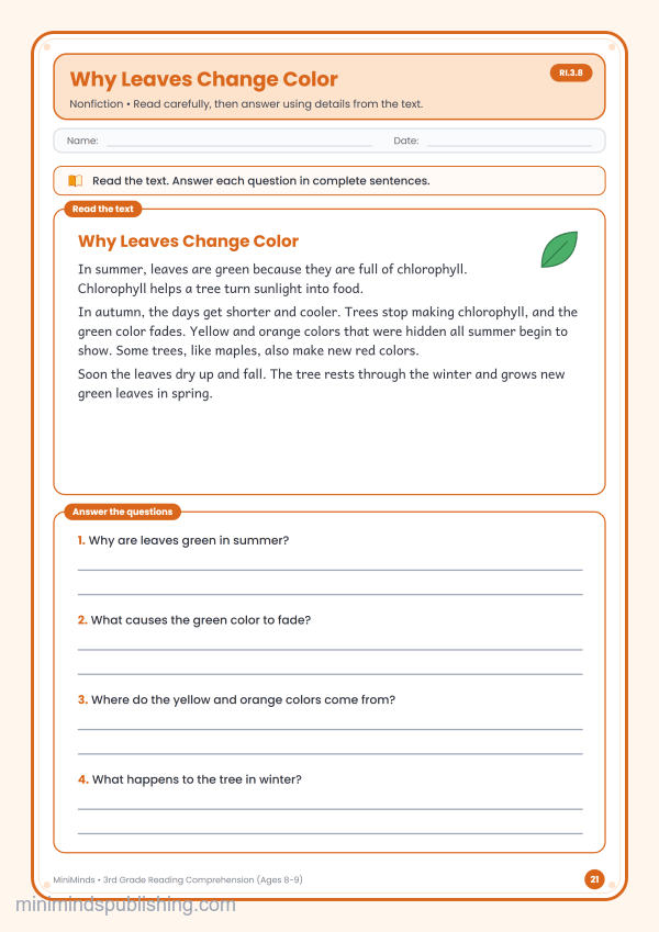 Why Leaves Change Color — free printable 3rd Grade reading comprehension worksheet for ages 8-9 (Common Core RI.3.8)
