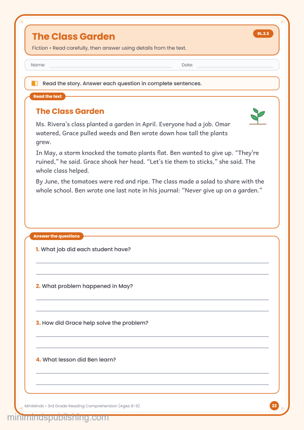 The Class Garden — free printable 3rd Grade reading comprehension worksheet for ages 8-9 (Common Core RL.3.3)